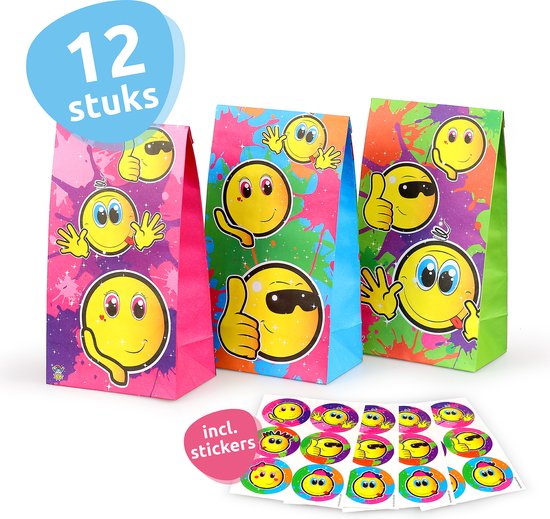 Isa's Friends® Uitdeelzakjes + Stickers - Emoji's - 12 stuks - Stevig Papier - Traktatie zakjes