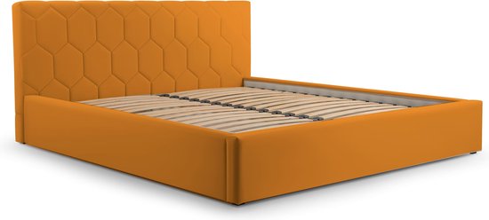 Lit double revêtement velours, avec tête de lit, sommier à lattes, lit pour adulte - BETT 02 - 160x200 - Jaune foncé (TRINITY 26)