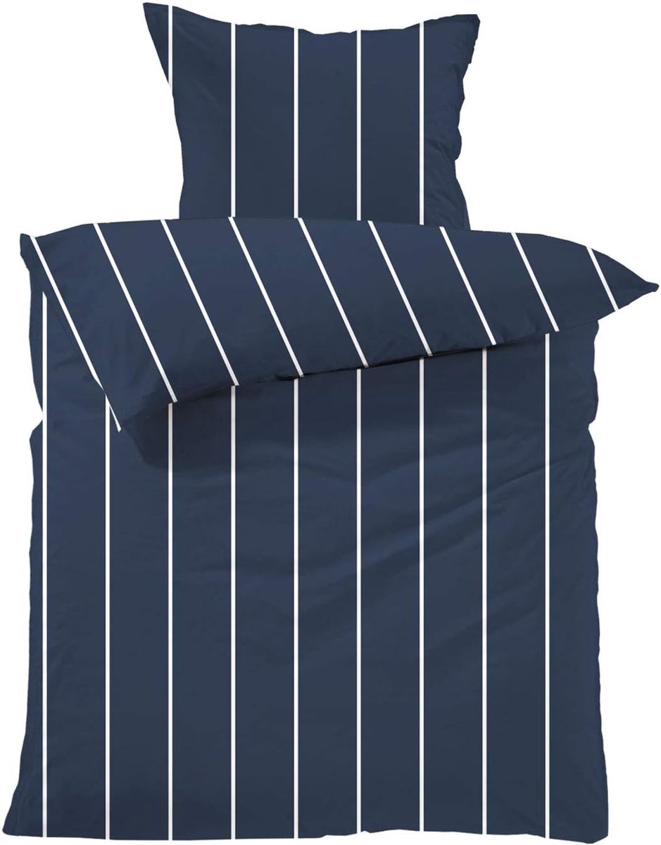 Beddengoedset - Andreas 135 x 200 cm + 80 x 80 cm. Design: fijne strepen - kleur: Navy 100% katoen. Hoogwaardig met ritssluiting. GOTS/Bio gecertificeerd.