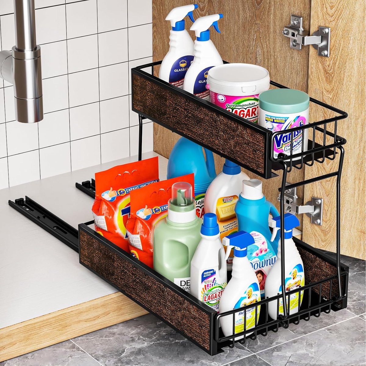 Keukenrek voor onder de gootsteen - 2 niveaus schuifkastmand voor keukens - badkamers