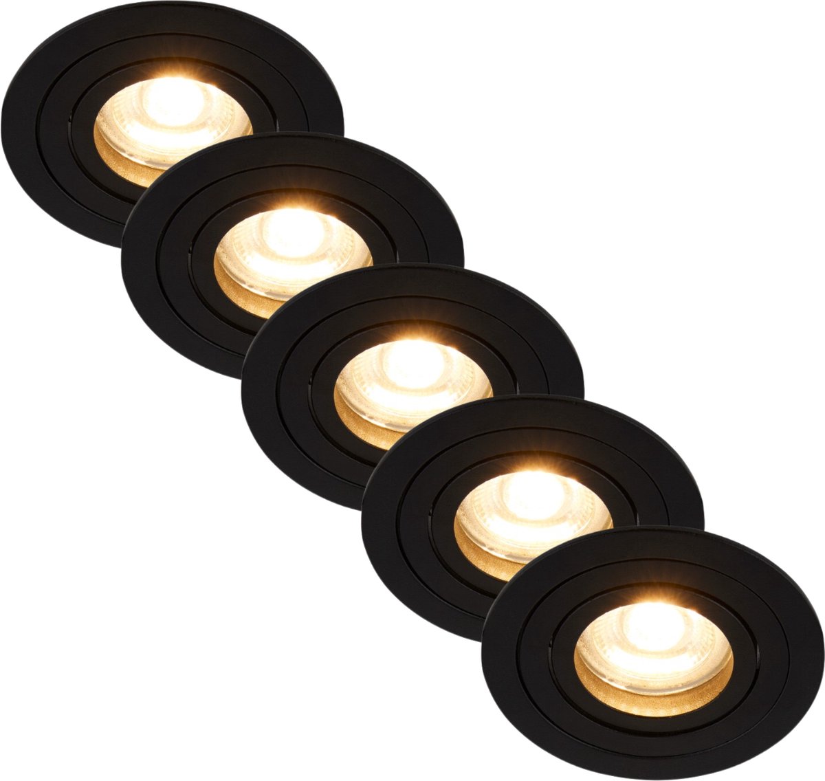 Inbouwspot zwart rond kantelbaar - Met GU10 fitting en dimbare GU10 LED lamp - 5 stuks