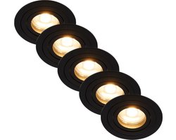 Inbouwspot zwart rond kantelbaar - Met GU10 fitting en dimbare GU10 LED lamp - 5 stuks