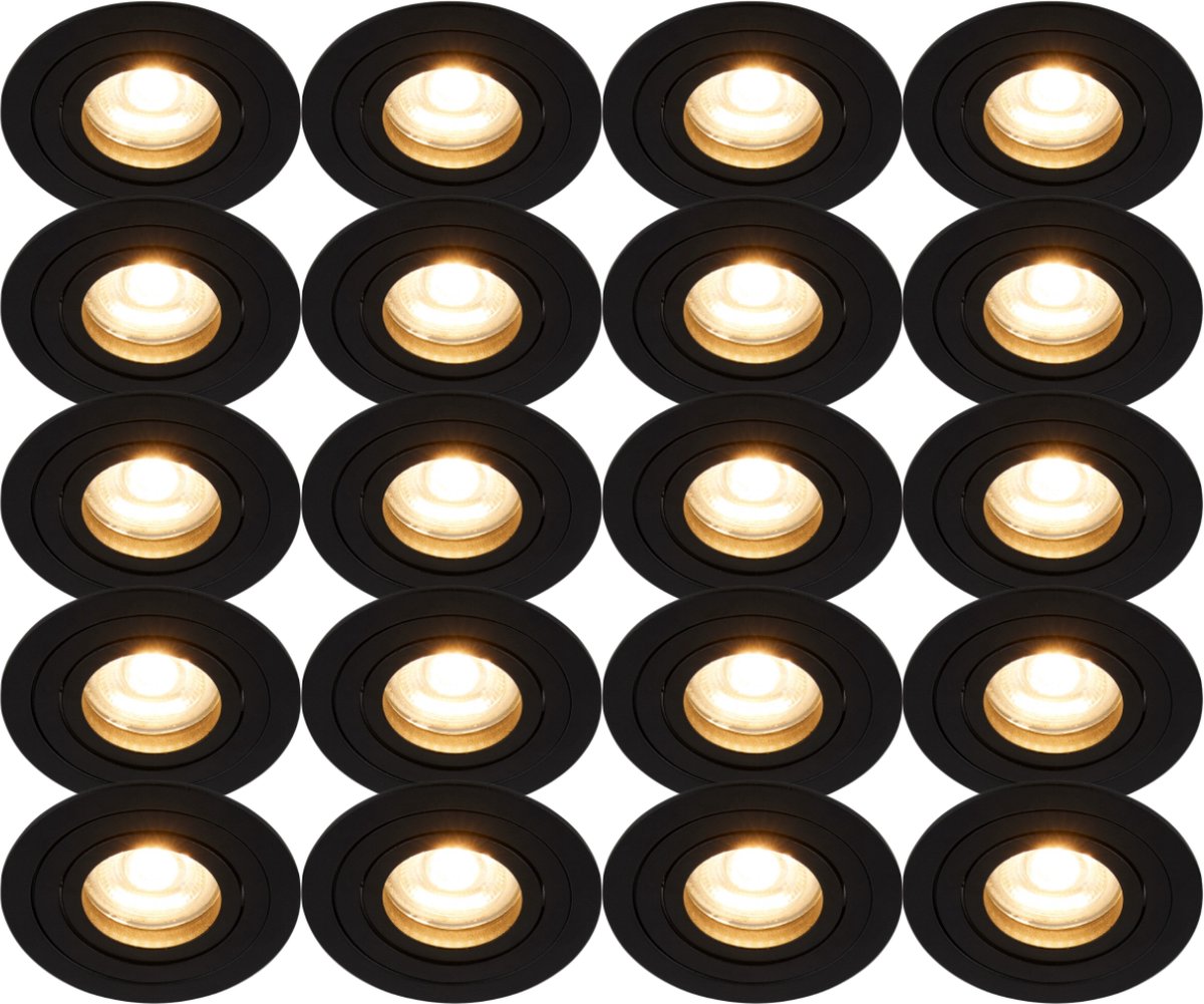 Inbouwspot zwart rond kantelbaar - Met GU10 fitting en dimbare GU10 LED lamp - 20 stuks