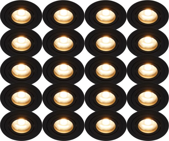 20 zwarte, ronde inbouwspots met gloeiende GU10 lampen.