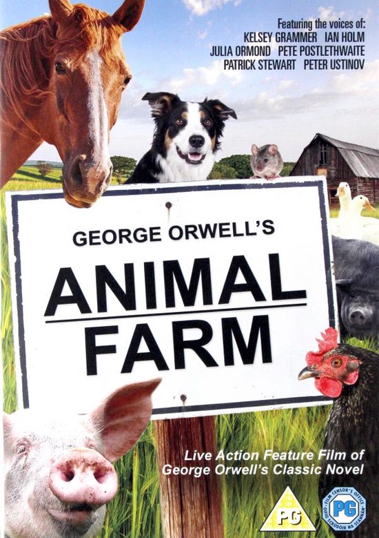 Boerderijdieren, waaronder een paard, hond, muis, eend, varken en kip, kijken naar het bord 'George Orwell's Animal Farm'.