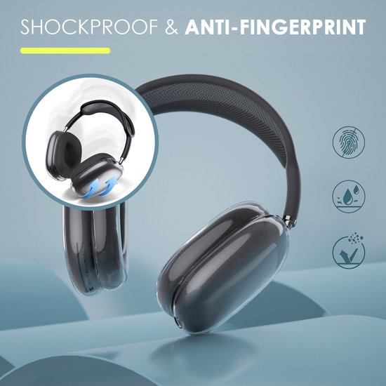 Zwarte AirPods Max met doorzichtige hoes, schokbestendig en anti-vingerafdruk.
