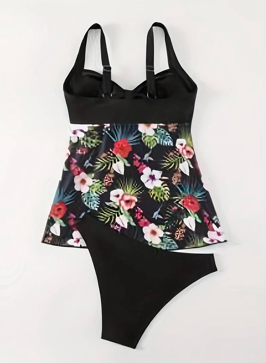 Fashion Tankini set - Bloemenpatroon 2 - delige V - hals Hoog Uitgesneden Tankini - Dames Badmode Bikini Badpak Zwemkleding Strandkleding Badkleding 504 - Zwart — afbeelding 2