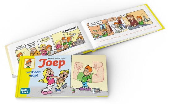Boek 'Joep wat een mop!' met illustraties van kinderen en de tekst 'Kijk en Lees'. De voorkant toont een jongen met rood haar naast een tekening van gespierde armen.