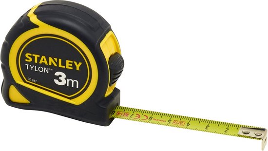 Stanley Tylon 3m rolbandmaat met uitgetrokken geel meetlint.