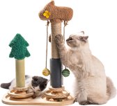 3-in-1 kattenspeelgoed, kittenspeelgoed van hout, dubbele krabpaal, interactief kattenspeelgoed, roller, 2-laags draaiplateau, kittenspeelgoed met hangende bal, speelgoed kat, 40 x 57 cm