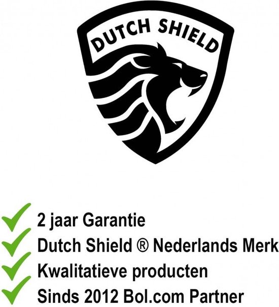 Zwart logo met een leeuwenkop en de tekst DUTCH SHIELD. Daaronder: 2 jaar garantie, Dutch Shield Nederlands Merk, Kwalitatieve producten, Sinds 2012 Bol.com Partner.