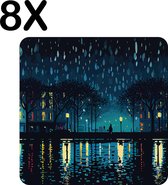 BWK Stevige Placemat - Regenachtige Nacht - Skyline - Illustratie - Set van 8 Placemats - 40x40 cm - 1 mm dik Polystyreen - Afneembaar