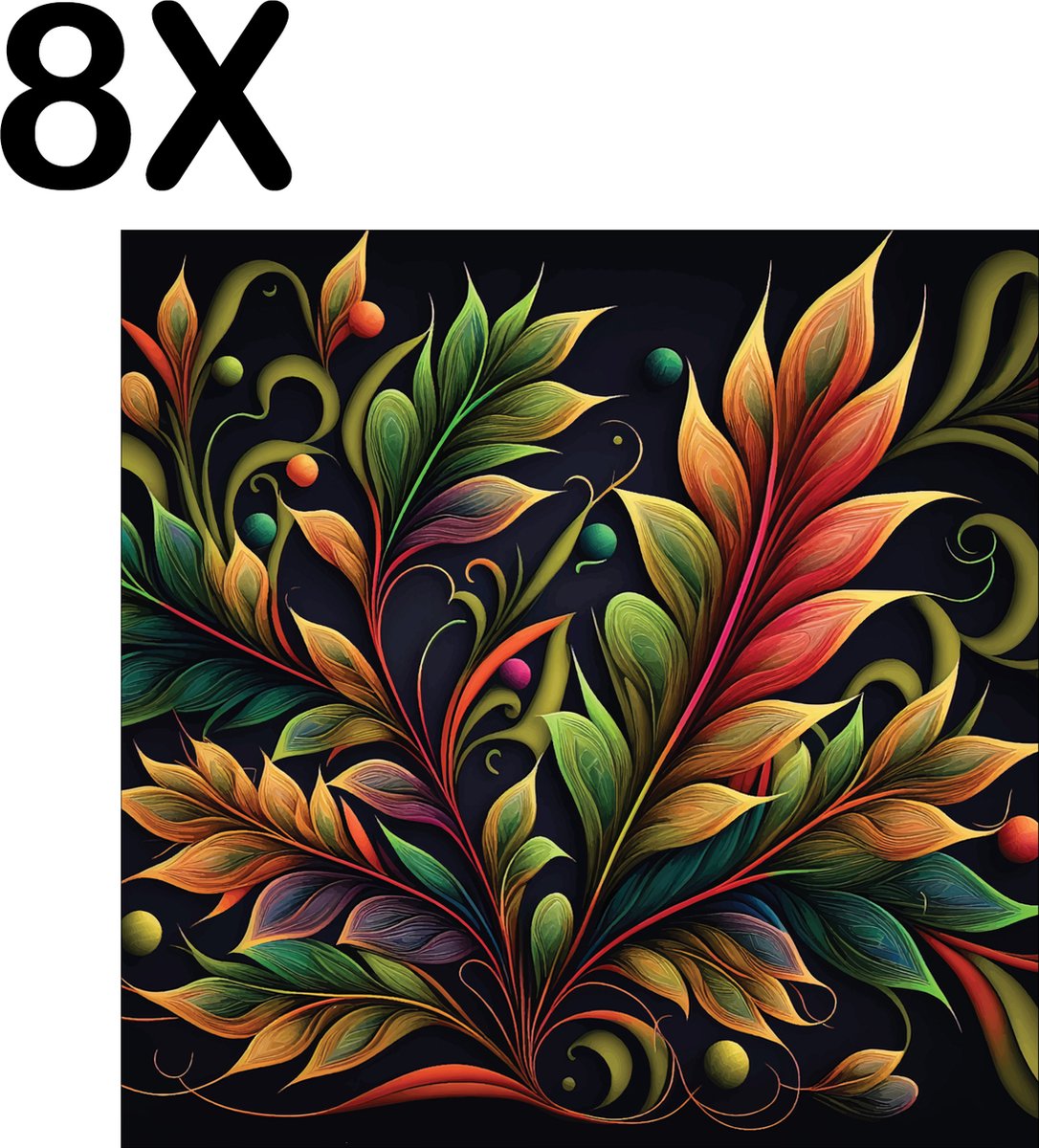 BWK Textiele Placemat - Herfstige Plant met Organische Vormen - Set van 8 Placemats - 40x40 cm - Polyester Stof - Afneembaar