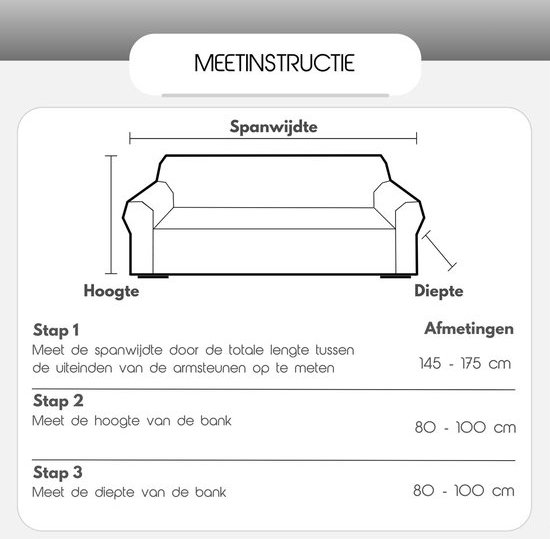 Illustratie van een bank met pijlen die de afmetingen hoogte, breedte en diepte aangeven, met tekst voor meetinstructies.