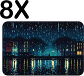 BWK Luxe Placemat - Regenachtige Nacht - Skyline - Illustratie - Set van 8 Placemats - 45x30 cm - 2 mm dik Vinyl - Anti Slip - Afneembaar