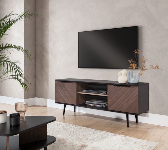 Pinelli TV meubel zwart/bruin - TV meubel met hoge poten - twee deuren - met planken - 150 cm - woonkamer meubel - Maxi Maja