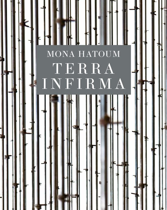 Boek "Mona Hatoum Terra Infirma" met verticale lijnen en een grijs vak met tekst.