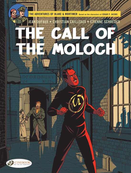 Homme en costume de super-héros noir et rouge avec logo doré, visage angoissé, debout dans une ruelle. Titre: 'The Call of the Moloch'.