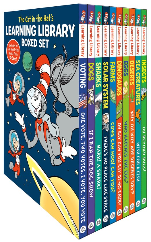 De set met 10 Dr. Seuss non-fictie boeken, 'The Cat in the Hat's Learning Library Boxed Set', met een illustratie van The Cat in the Hat als astronaut.