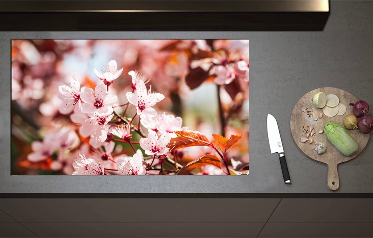 Inductieplaat Beschermer - Bloeiende Bloesem in het Roze aan Boom - 95x55 cm - 2 mm Dik - Inductie Beschermer - Bescherming Inductiekookplaat - Kookplaat Beschermer van Zwart Vinyl