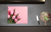 Inductieplaat Beschermer - Boeket van Roze Tulpen Liggend op Roze Oppervlak - 59x52 cm - 2 mm Dik - Inductie Beschermer - Bescherming Inductiekookplaat - Kookplaat Beschermer van Wit Vinyl