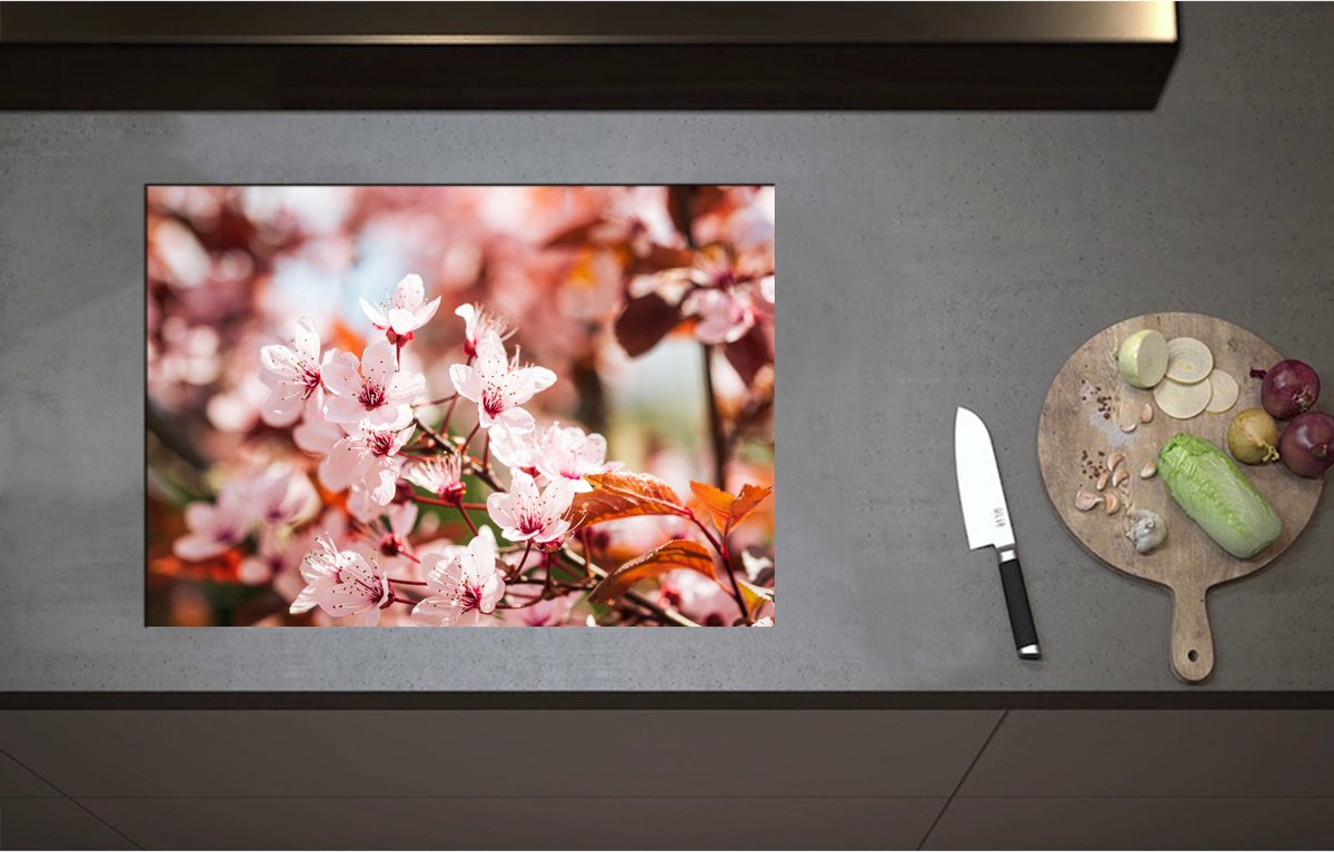 Inductieplaat Beschermer - Bloeiende Bloesem in het Roze aan Boom - 71x50 cm - 2 mm Dik - Inductie Beschermer - Bescherming Inductiekookplaat - Kookplaat Beschermer van Wit Vinyl