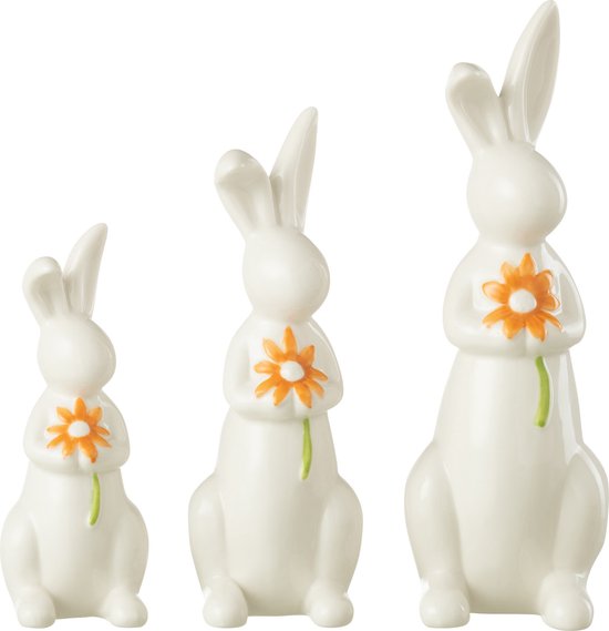 J-Line décoration Lapins Fleurs - porcelaine - orange/blanc - 3 pièces