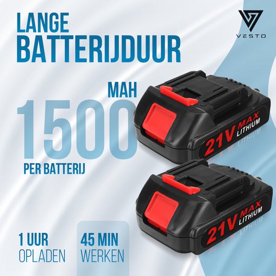 Twee 21V MAX LITHIUM batterijen met rode accenten. Tekst: "LANGE BATTERIJDUUR 1500 MAH PER BATTERIJ".