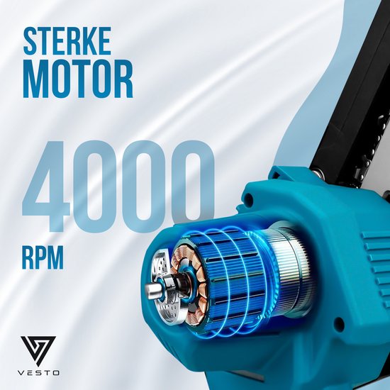 Gedetailleerde close-up van de motor van een blauwe Vesto mini kettingzaag. Tekst: "STERKE MOTOR 4000 RPM".