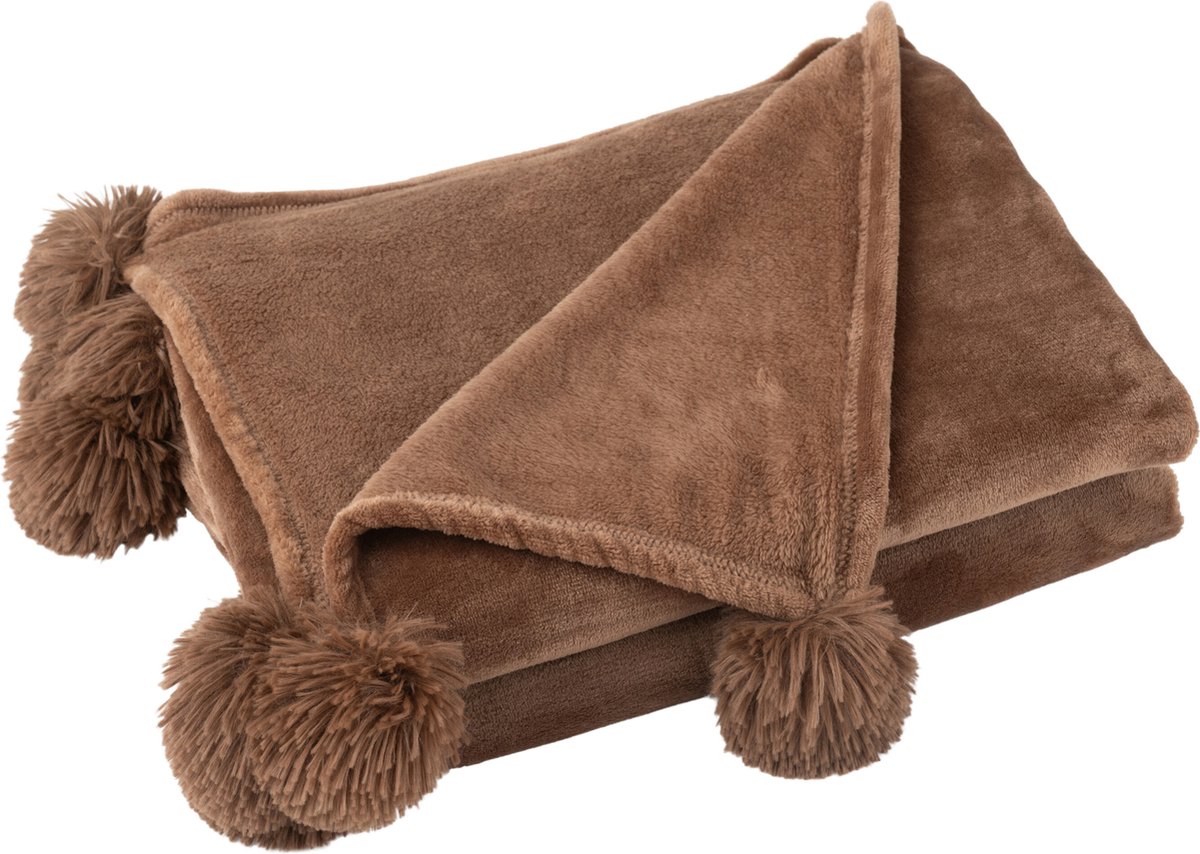 J-Line plaid Pompom - polyester - bruin - 170 x 130 cm
