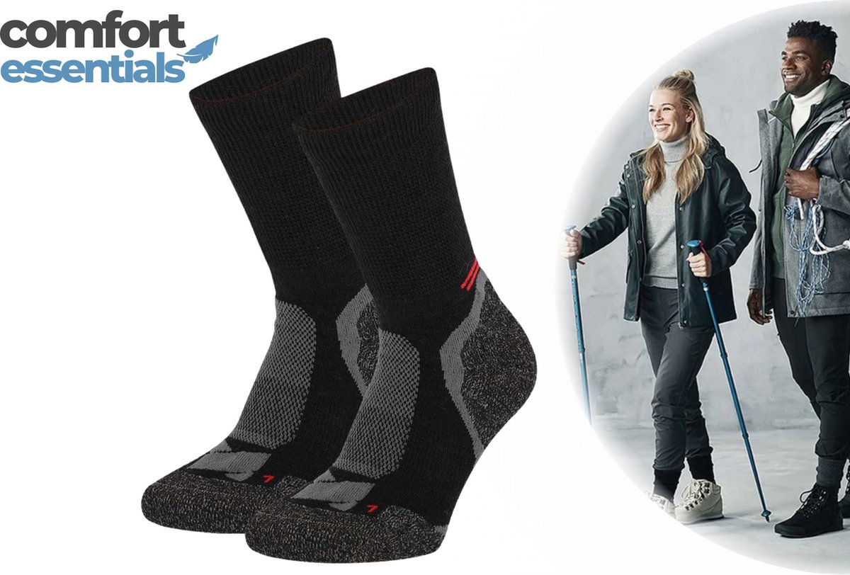 Comfort Essentials Hiking Sokken Extra Warm 2-Pack – Wandelsokken Heren Dames – Merino Wollen Sokken – Multi Zwart - Maat 43/46