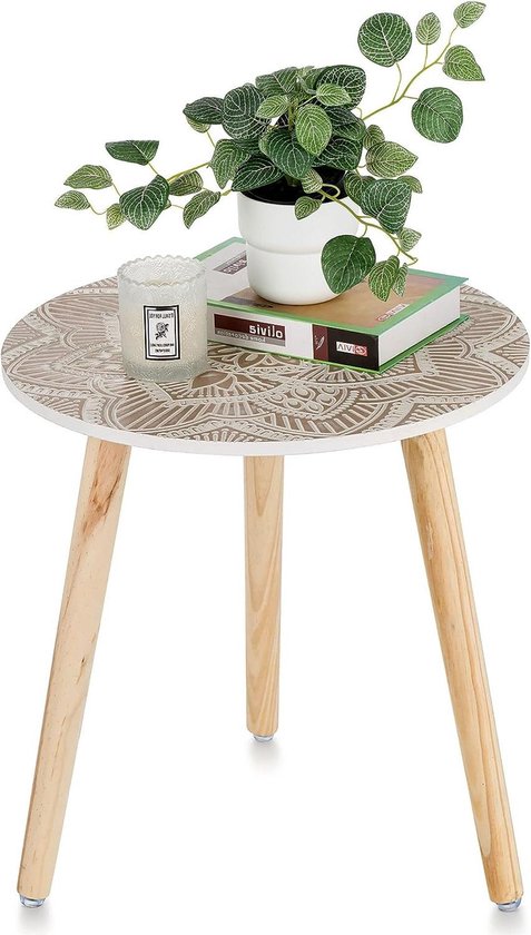 Kleine ronde boho bloemen bijzettafel: witte boho eindtafels voor woonkamer en slaapkamer met houten poten - eenvoudige montage Beside shelf