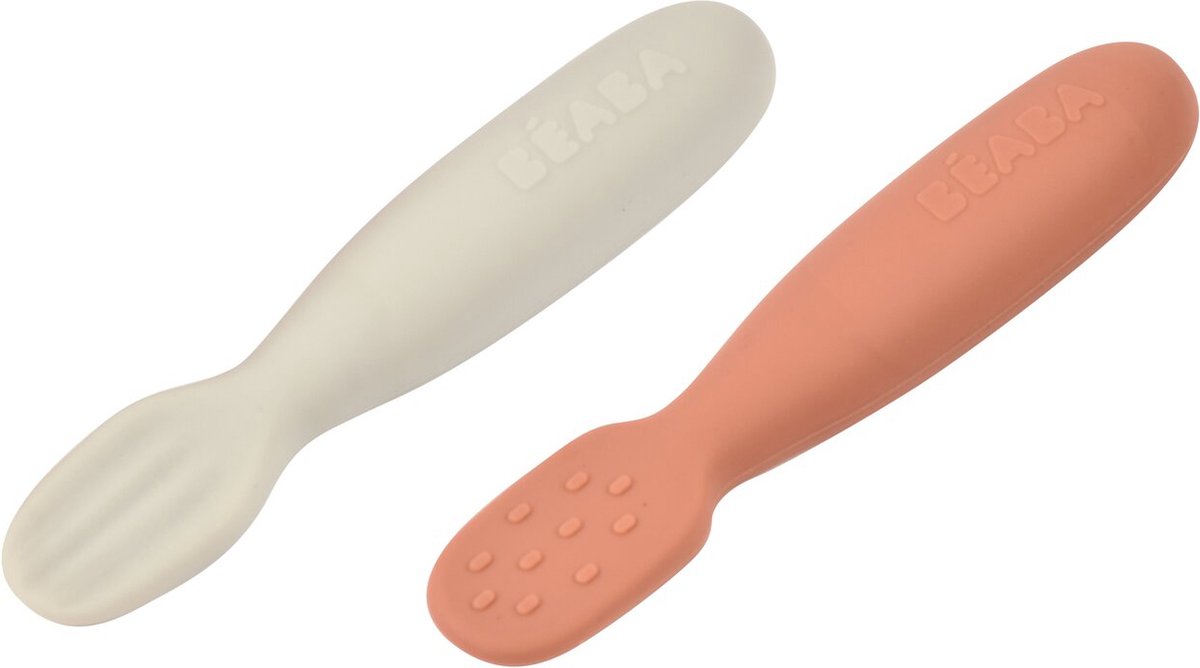 Goedkoopste Béaba Set van 2 Siliconen lepels - Oefenlepel Baby - Vanaf 4 maanden - Ergonomisch & Zacht - Rood / Grijs - Terracotta/Velvet Grey
