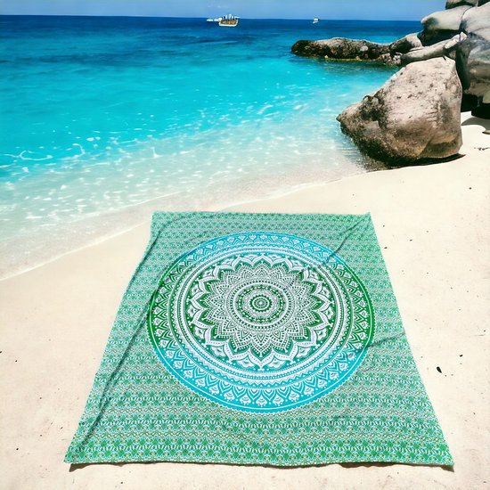 XL groot strandlaken - Groen - 220x210 - 2 persoons strandkleed - Mandala stranddoek - Duurzaam katoen /polyester