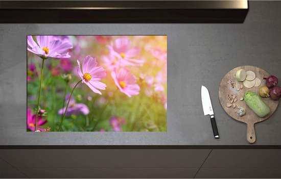 Inductieplaat Beschermer - Boemenveld met Paarse Cosmea Bloemen - 75x52 cm - 2 mm Dik - Inductie Beschermer - Bescherming Inductiekookplaat - Kookplaat Beschermer van Wit Vinyl