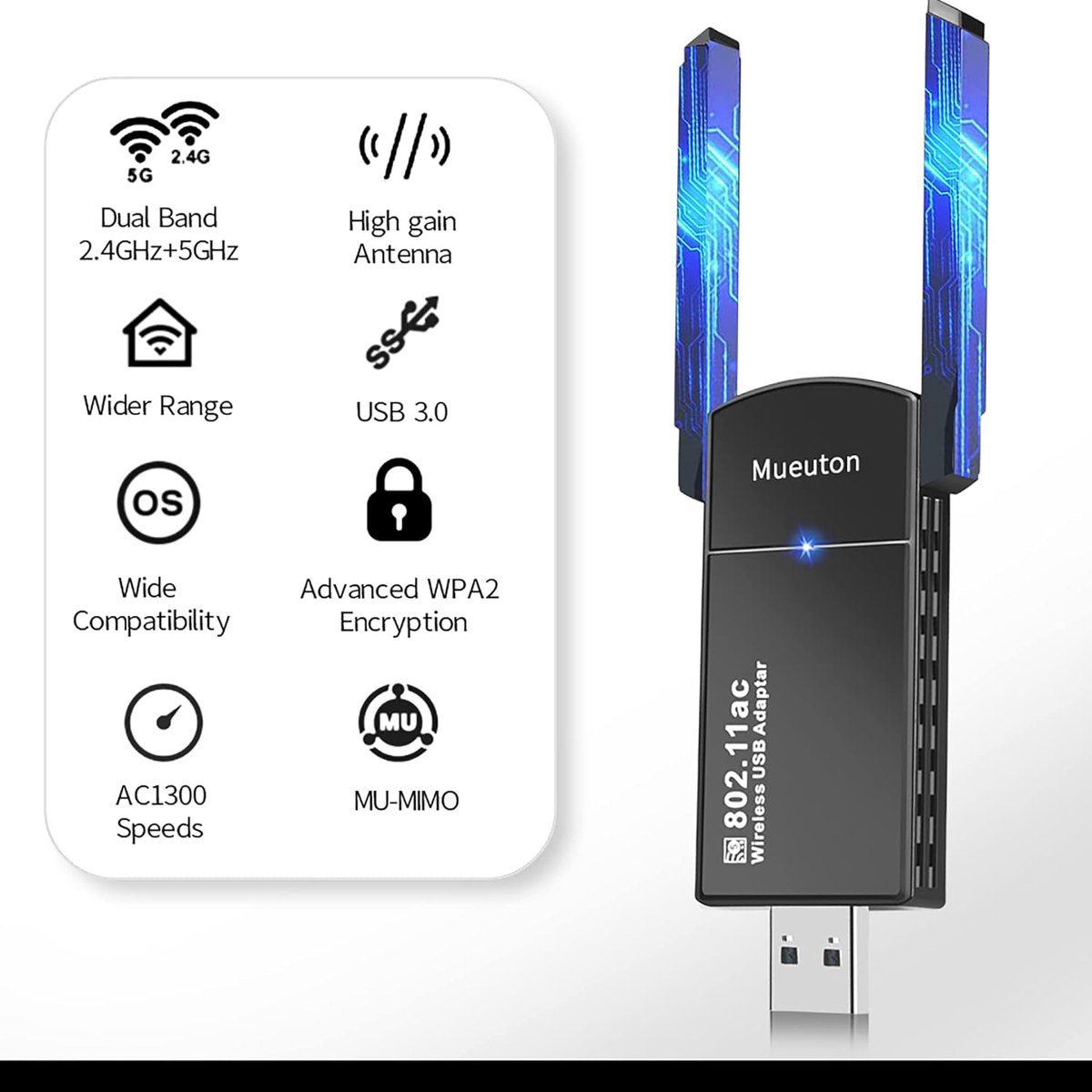 WLAN Adapter USB 3.0 Stick 1300Mbps WiFi Dual Band 5GHz Antenne für PC Windows e