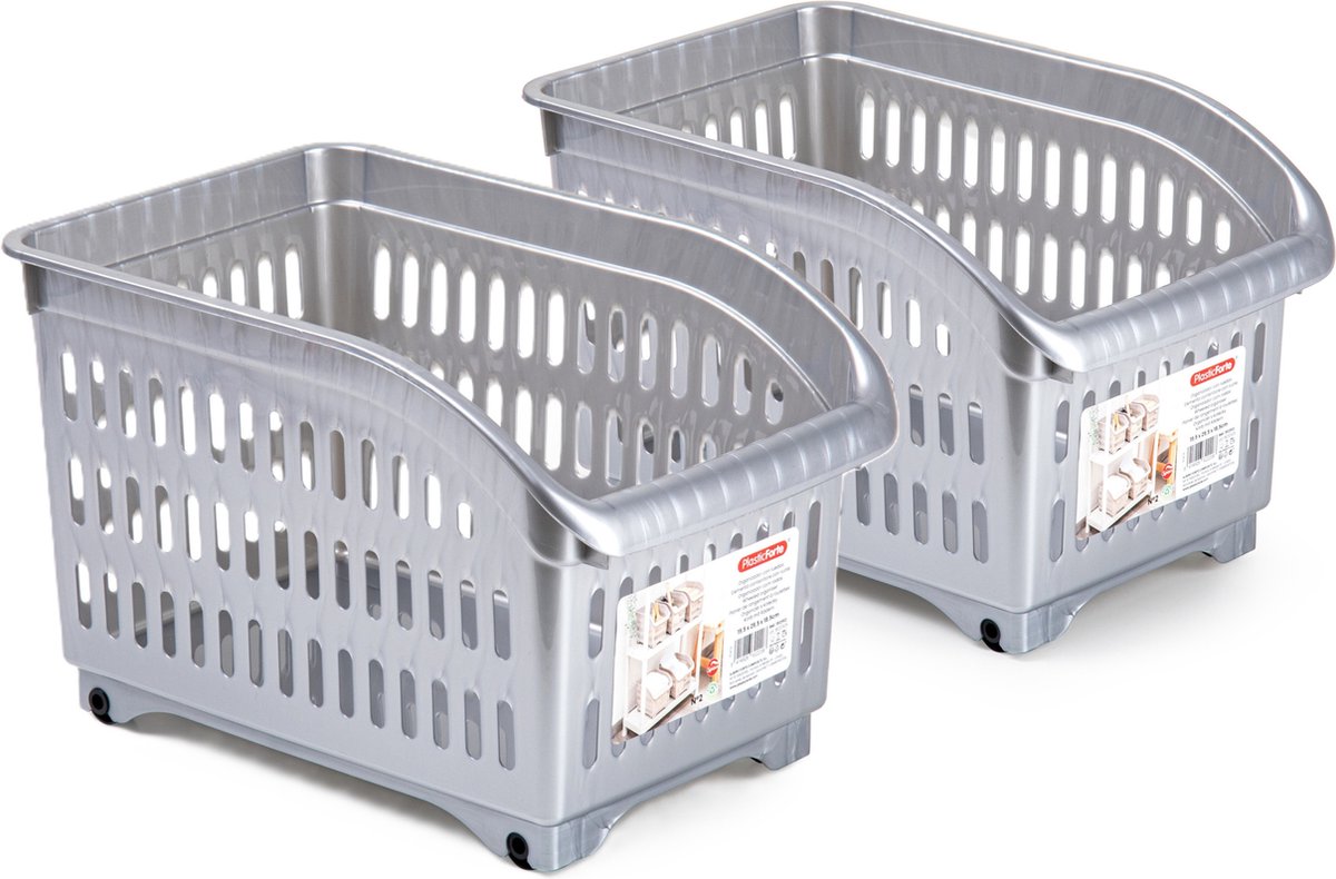 Plasticforte opberg Trolley Container - 2x - zilver - L30 x B18 x H19 cm - kunststof