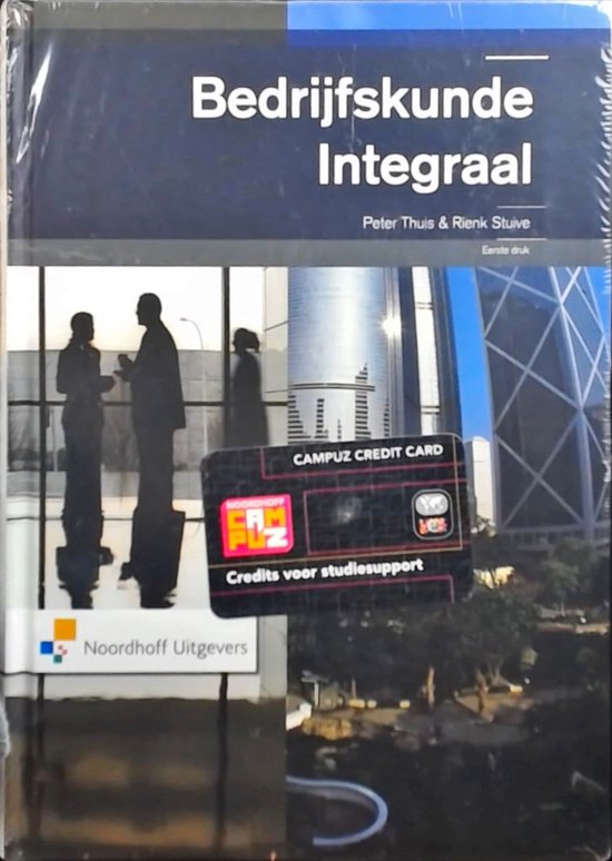 Boekomslag met in silhouet zakenvrouwen en moderne gebouwen. Een creditcard met 'Campuz Credits voor studiesupport' is zichtbaar. Titel 'Bedrijfskunde Integraal'.