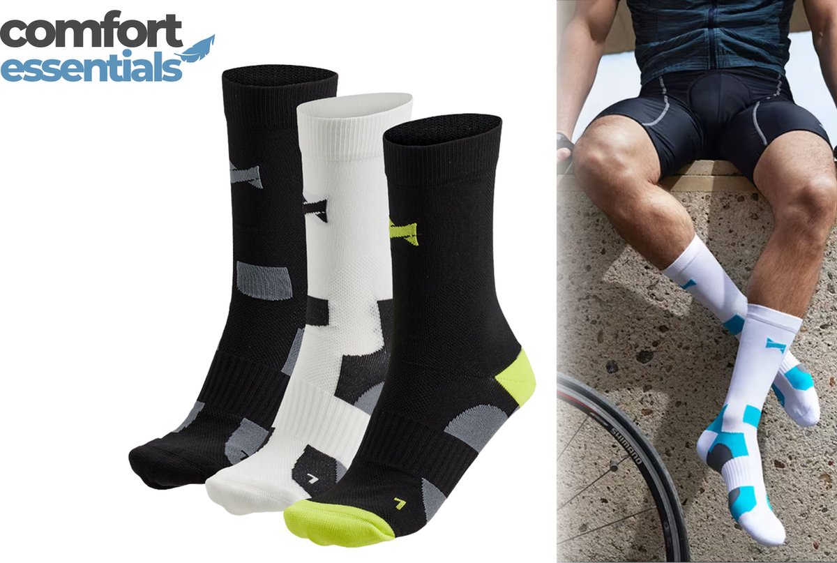 Comfort Essentials Fietssokken Hoog 3-Pack – Fietssokken Heren – Fietssokken Dames – Wielrensokken – Fiets Sokken - Multi Zwart - Maat 35/38