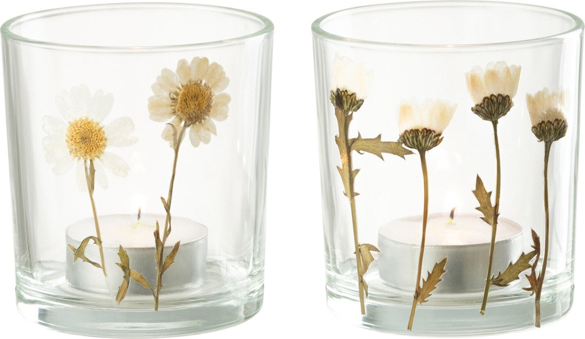J-Line windlicht Bloem Madeliefje - glas - mix - small - 2 stuks Multi