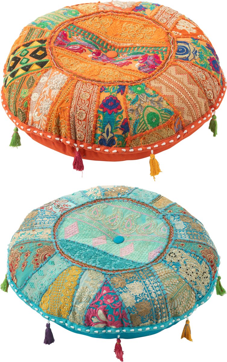 J-Line poef Rond Plat Patronen + Kwasten - katoen - oranje/blauw - 2 stuks Multi