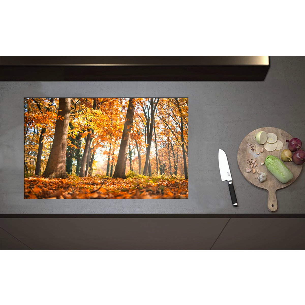 Inductieplaat Beschermer - Bos in de Herfst vanaf Kikkerperspectief - 80x50 cm - 2 mm Dik - Inductie Beschermer - Bescherming Inductiekookplaat - Kookplaat Beschermer van Zwart Vinyl