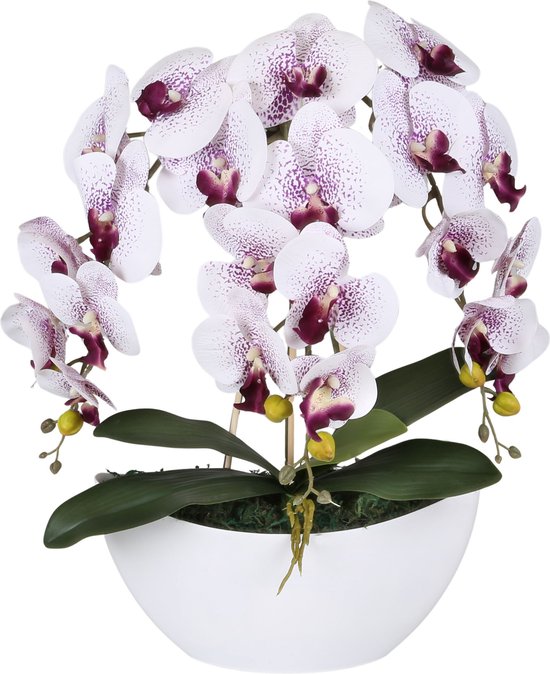 Kunstmatige Orchidee in Pot, Wit en Paars, Levensecht, 3 Stelen 53 cm