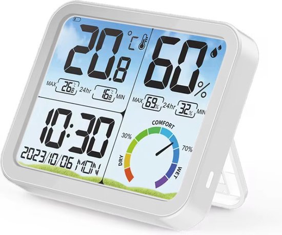 Foto: West watches weerstation binnen hygrometer temperatuursensor thermometer lcd scherm klok datum kleur wit