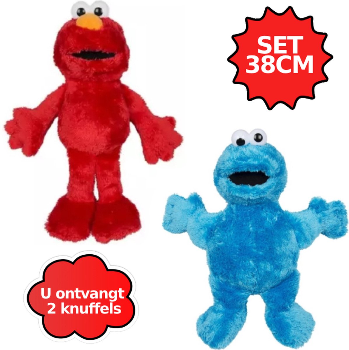 Elmo + Cookie Monster set 38cm - Sesamstraat Pluche Knuffel set van 38 cm {Sesamestreet Plush Toy | Sesam Straat Speelgoed Knuffeldier Knuffelpop voor kinderen jongens meisjes | Cookie Monster, Elmo, Oscar Mopperkont, Bert, Ernie}