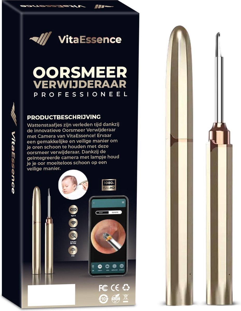 Goedkoopste VitaEssence Oorsmeer verwijderaar met camera - oorreiniger - Oorsmeer verwijderaar - Oren schoonmaken - Effectieve Reiniging Voor Alle Oren - Verbind Via WiFi - Goud
