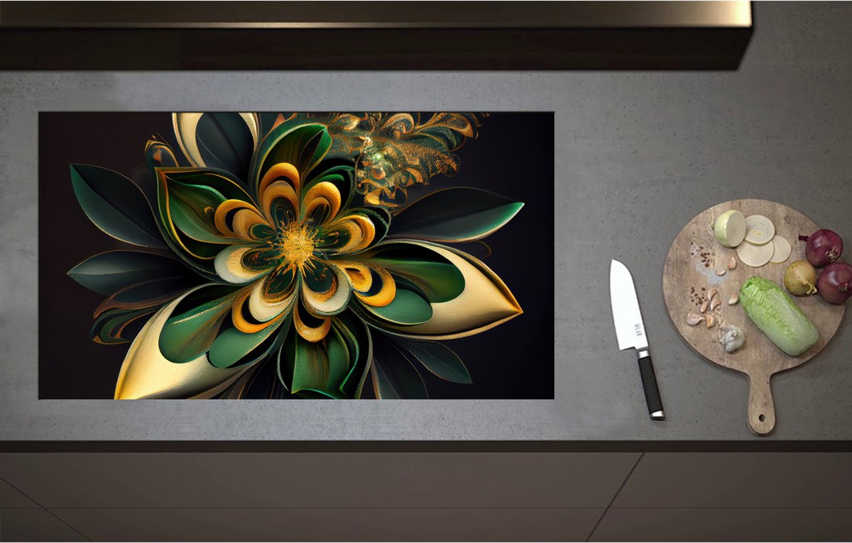 Inductieplaat Beschermer - Bloem in Groen en Goud Tinten - 90x51 cm - 2 mm Dik - Inductie Beschermer - Bescherming Inductiekookplaat - Kookplaat Beschermer van Zwart Vinyl