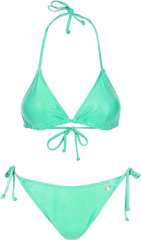 Lichtgroene metallic bikinitop met halterneck en strikjes, en bijpassende bikinibroek met strikjes.