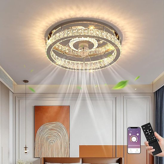LuxiLamps - Crystal Ventilator Lamp - Moderne LED Kristallen Plafondventilator - Smart Lamp - 6 Standen - Dimbaar - 50 cm - Kroonluchter Ventilator - Chandelier Fan - Woonkamerlamp