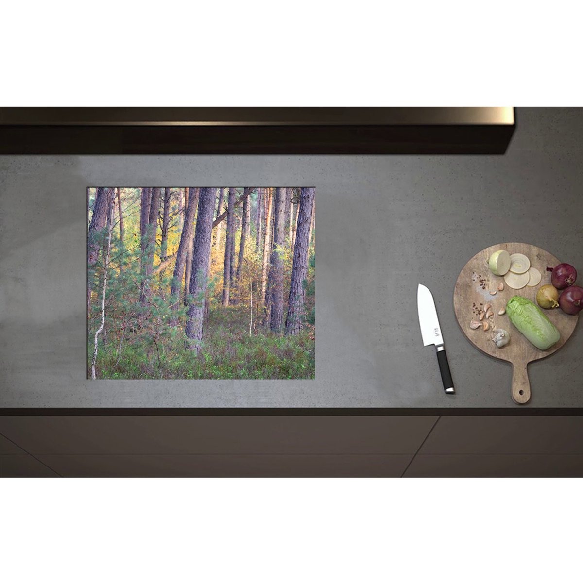 Inductieplaat Beschermer - Bomen in een Bos in Nederland - 59x50 cm - 2 mm Dik - Inductie Beschermer - Bescherming Inductiekookplaat - Kookplaat Beschermer van Zwart Vinyl